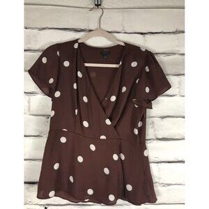 Ann Taylor Womens Polka Dot Burgundy/White Short Sleeve Shirt Size 4P